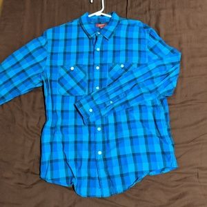 Blue-green plaid button-down shirt